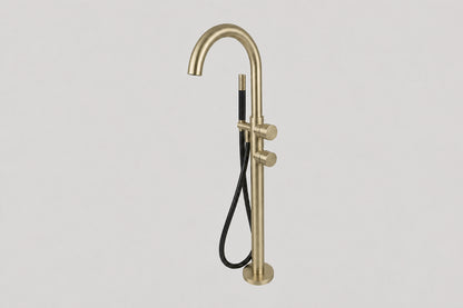 Lagoo Garda G3214 vrijstaande highflow badmengkraan (afbouwdeel) met draaibare uitloop, 2 mengkranen en handdouche (staaf) – Geborsteld champagne PVD