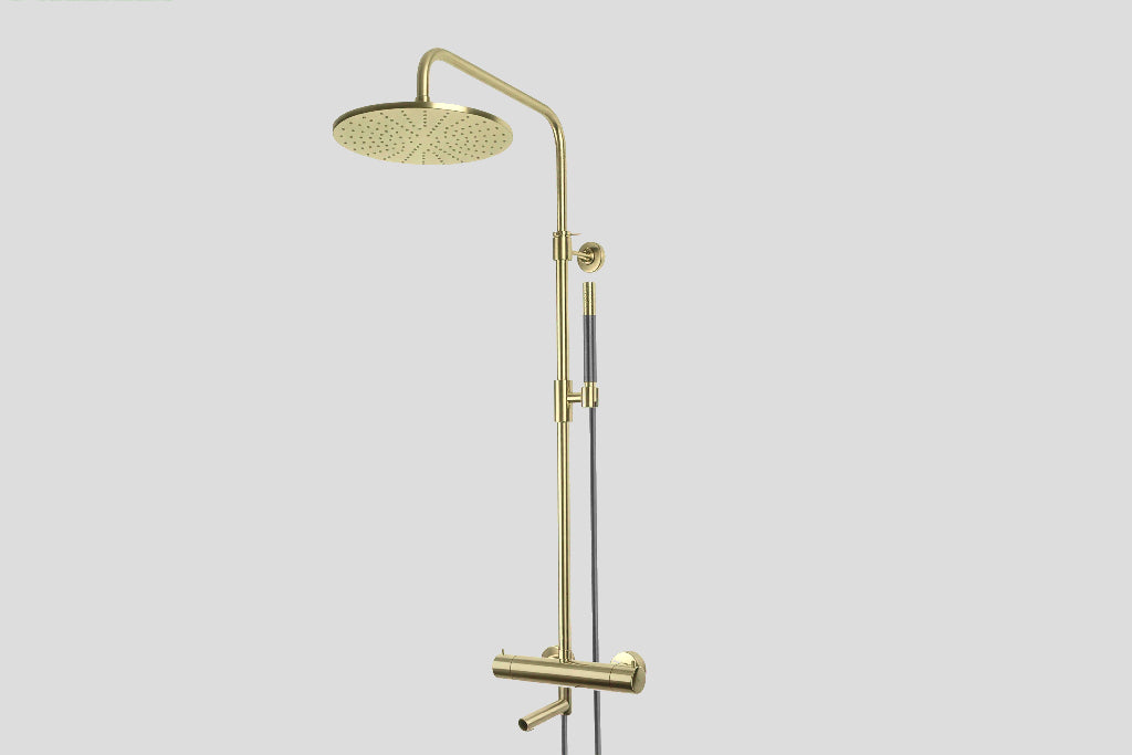 Lagoo Garda G5301 thermostatische bad/douche set met hoofddouche (25 cm), messing handdouche (staaf) en doucheslang (150 cm) – Geborsteld champagne PVD