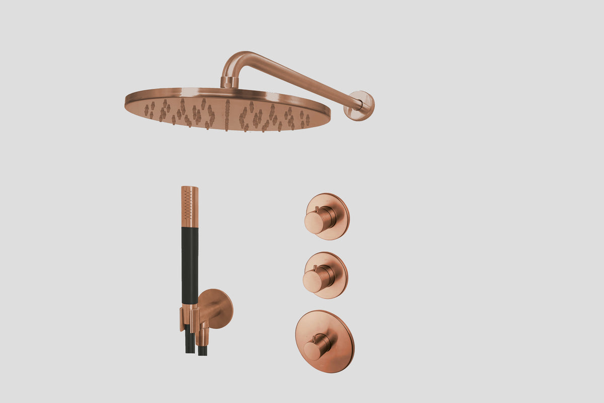 Lagoo Garda LVS2 lagoo Voordeel Set: thermostatische douche set met 2 stopkranen – Geborsteld koper PVD