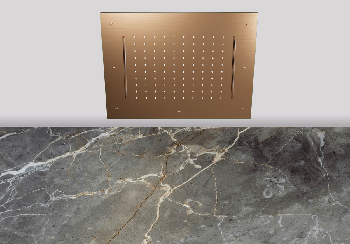 Lagoo Nesso N8234 hoofddouche ‘Showerlicious’ (500x500) met regen | 2 cascades – Geborsteld koper PVD