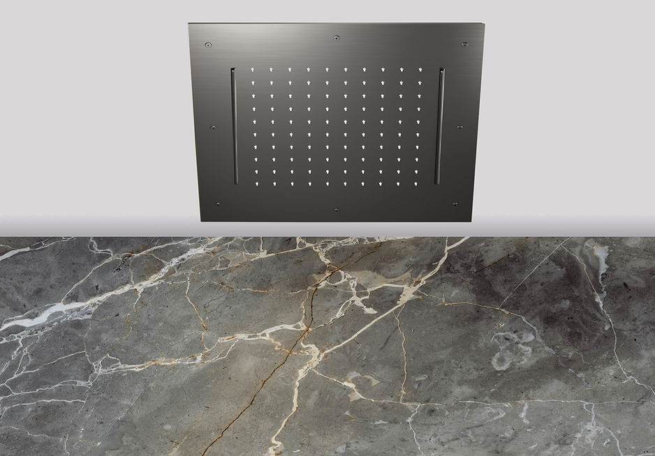 Lagoo Nesso N8234 hoofddouche ‘Showerlicious’ (500x500) met regen | 2 cascades – Geborsteld gunmetal PVD