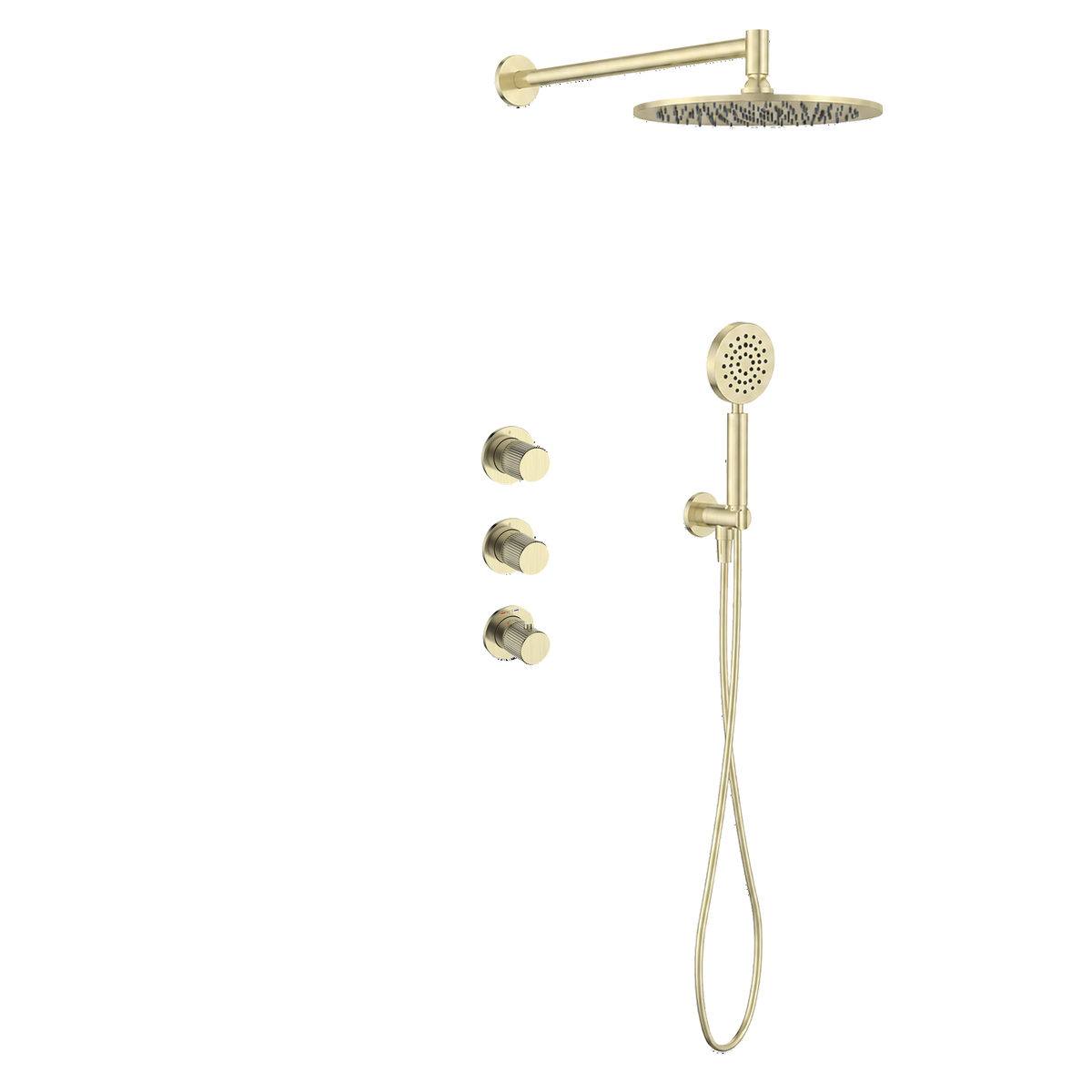 15142CH.R — Regn inbouw regendoucheset stopkranen met ronde handdouche met ribbelgreep, geborsteld champagne