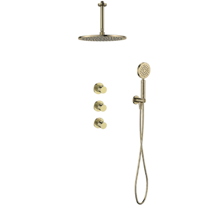 15143BB — Regn inbouw regendoucheset stopkranen plafond met ronde handdouche, geborsteld goud