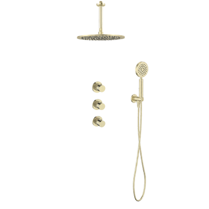15143CH — Regn inbouw regendoucheset stopkranen plafond met ronde handdouche, geborsteld champagne
