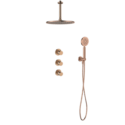 15143RG — Regn inbouw regendoucheset stopkranen plafond met ronde handdouche, geborsteld koper