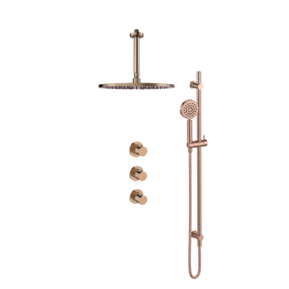 15145RG — Regn inbouw regendoucheset stopkranen plafond, glijstang met ronde handdouche, geborsteld koper
