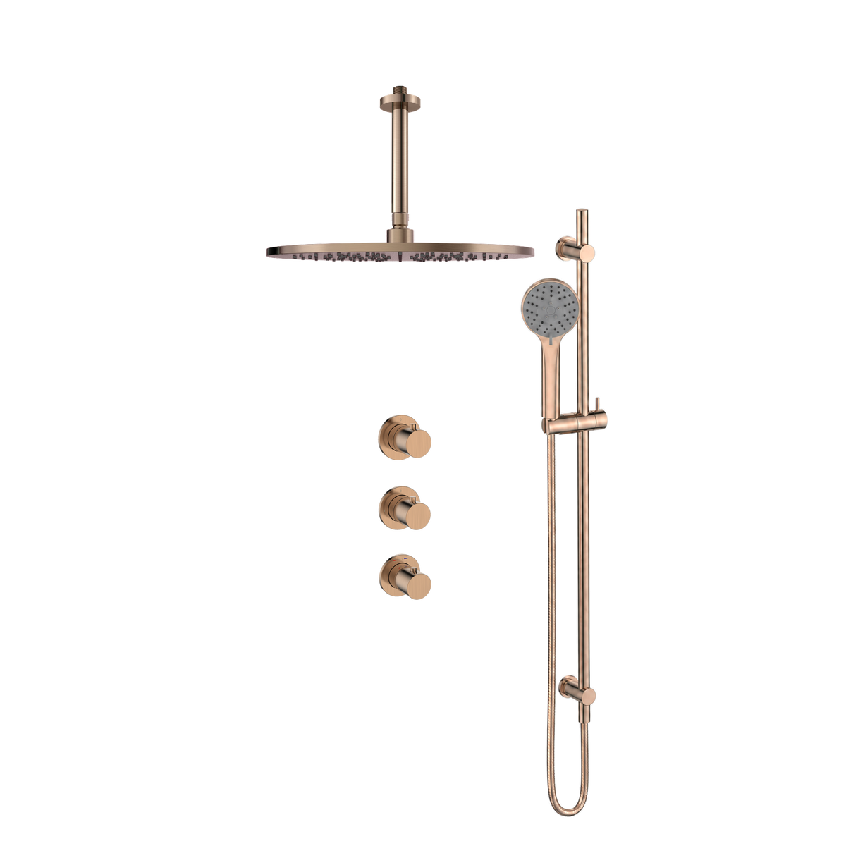 15345RG — Regn inbouw regendoucheset 30cm stopkranen plafond met glijstang, geborsteld koper