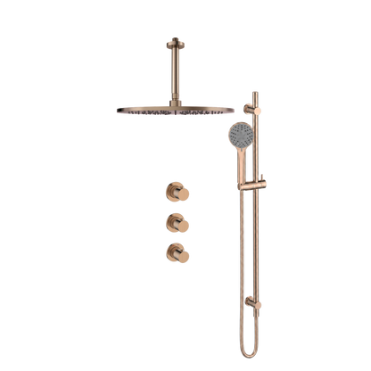 15345RG — Regn inbouw regendoucheset 30cm stopkranen plafond met glijstang, geborsteld koper